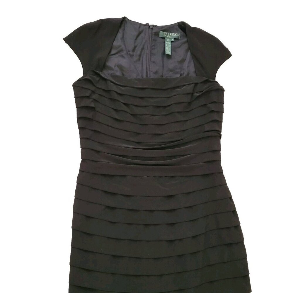 Lauren Ralph Lauren Black Cocktail Dress Shutter Tiered Pleating Stretch Size 6